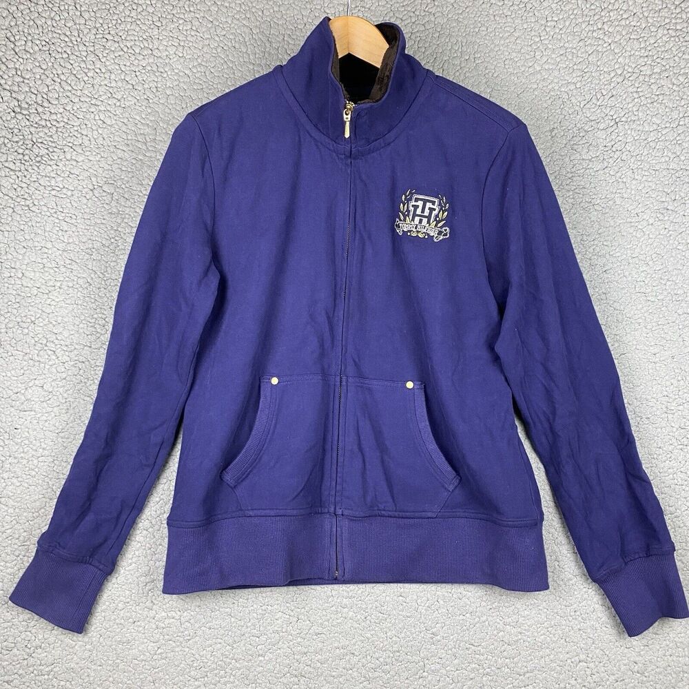 TOMMY HILFIGER Faux Fur Lined Chunky Teddy Lined Sweater Sz L Purple Embroidered
